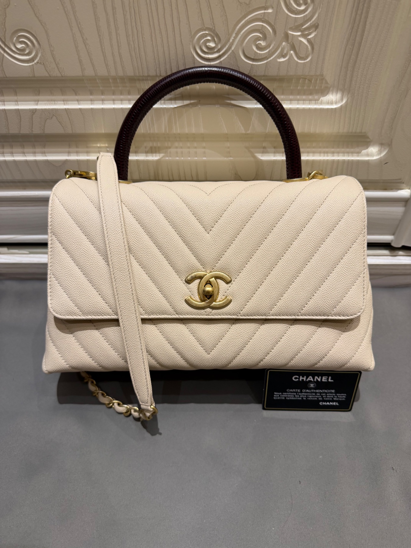 Chanel Coco Lizard Handle Caviar Beige Medium by Chanel